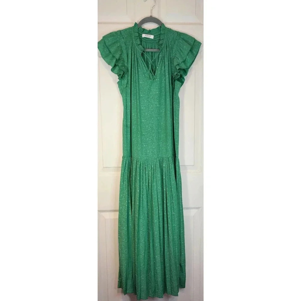 Nest Black Label Green Floral Jacquard Ruffle‎ Maxi Dress Womens XS 2090410